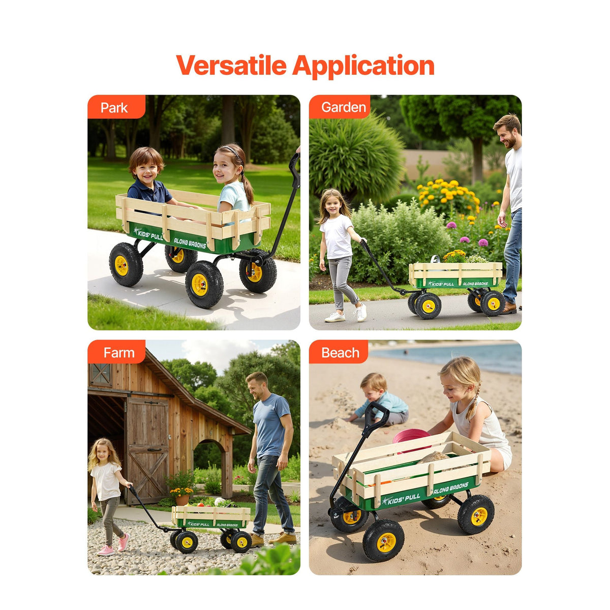 Pull-Along Wagon for Kids, 39 in Toddler Wagons with Foldable Wooden Panel & Handle, Supports up to 551 lbs, 10" All-Terrain Tires, Utility Wagon Cart Birthday Present for Kids Gardening Beach