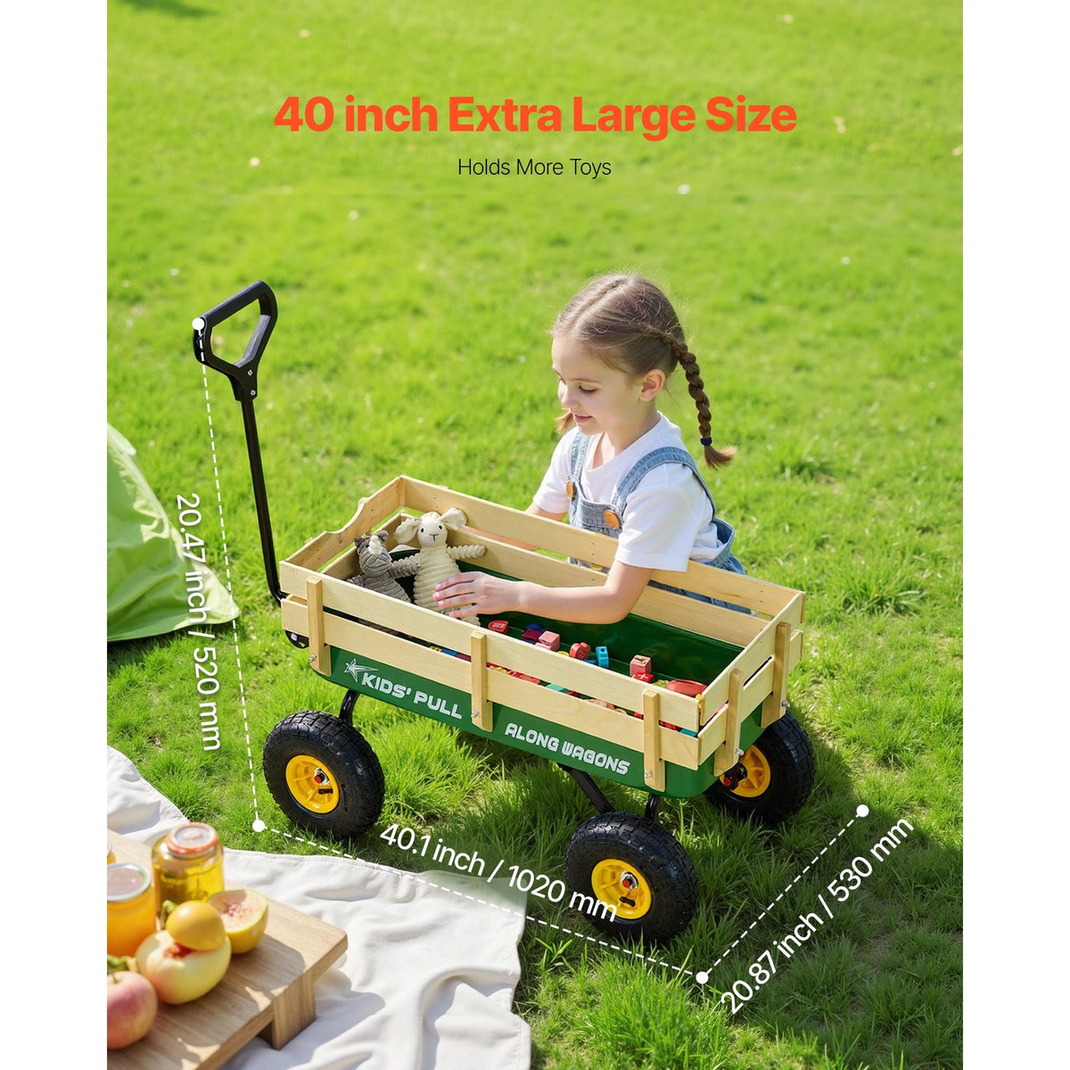 Pull-Along Wagon for Kids, 39 in Toddler Wagons with Foldable Wooden Panel & Handle, Supports up to 551 lbs, 10" All-Terrain Tires, Utility Wagon Cart Birthday Present for Kids Gardening Beach