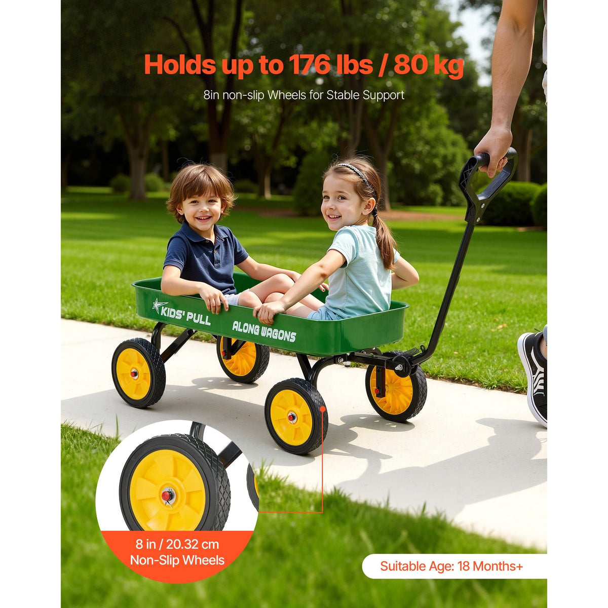Pull-Along Wagon for Kids, 39 inch Toddler Wagons, Supports up to 176 lbs, All-Terrain Wagons with Handle, Utility Wagon Cart Birthday Present for Kids Gardening Beach Camping, Green
