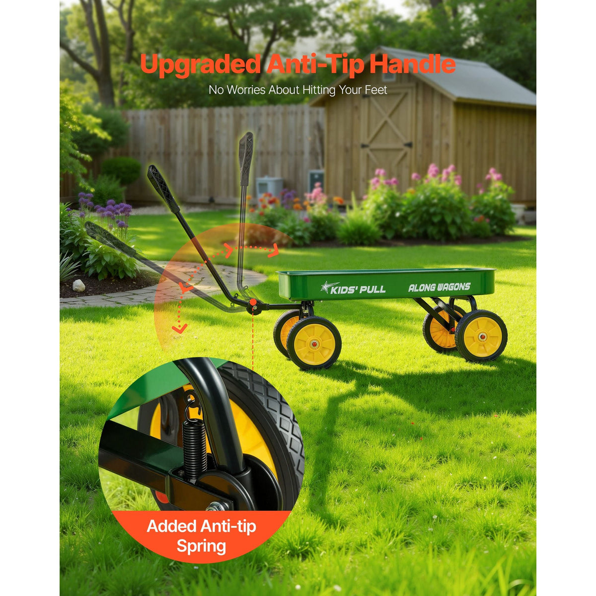 Pull-Along Wagon for Kids, 39 inch Toddler Wagons, Supports up to 176 lbs, All-Terrain Wagons with Handle, Utility Wagon Cart Birthday Present for Kids Gardening Beach Camping, Green