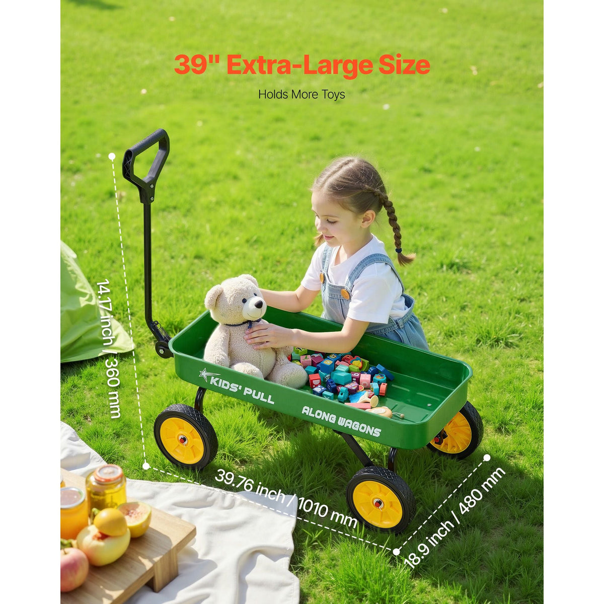 Pull-Along Wagon for Kids, 39 inch Toddler Wagons, Supports up to 176 lbs, All-Terrain Wagons with Handle, Utility Wagon Cart Birthday Present for Kids Gardening Beach Camping, Green