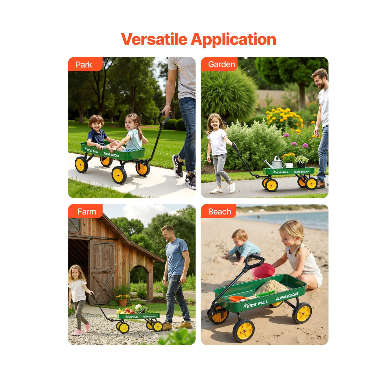 Pull-Along Wagon for Kids, 39 inch Toddler Wagons, Supports up to 176 lbs, All-Terrain Wagons with Handle, Utility Wagon Cart Birthday Present for Kids Gardening Beach Camping, Green