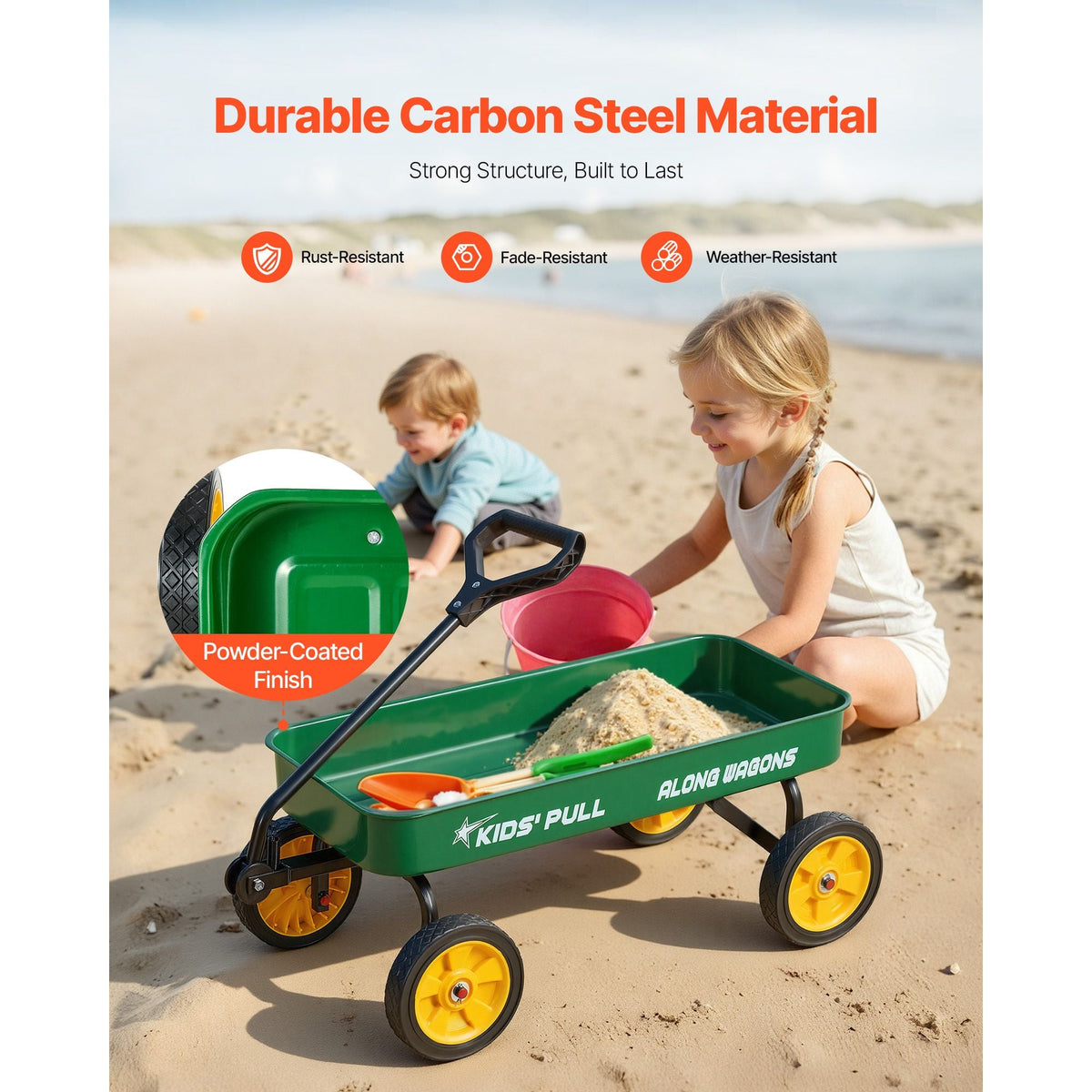 Pull-Along Wagon for Kids, 39 inch Toddler Wagons, Supports up to 176 lbs, All-Terrain Wagons with Handle, Utility Wagon Cart Birthday Present for Kids Gardening Beach Camping, Green