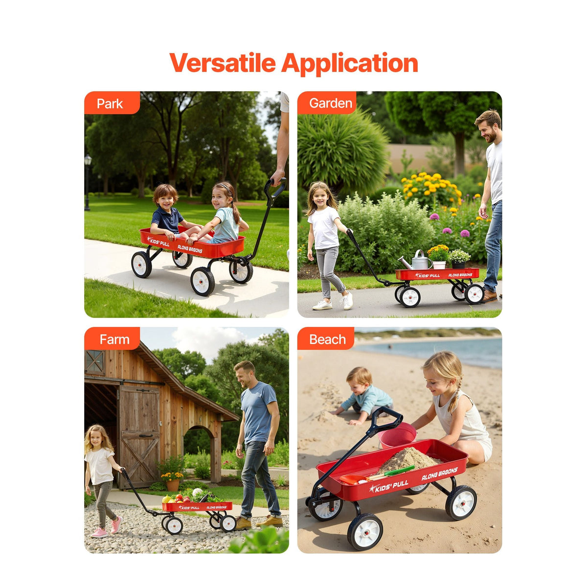 Pull-Along Wagon for Kids, 39 inch Toddler Wagons, Supports up to 176 lbs, All-Terrain Wagons with Handle, Utility Wagon Cart Birthday Present for Kids Gardening Beach Camping, Red