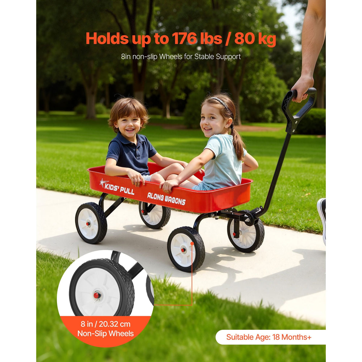Pull-Along Wagon for Kids, 39 inch Toddler Wagons, Supports up to 176 lbs, All-Terrain Wagons with Handle, Utility Wagon Cart Birthday Present for Kids Gardening Beach Camping, Red