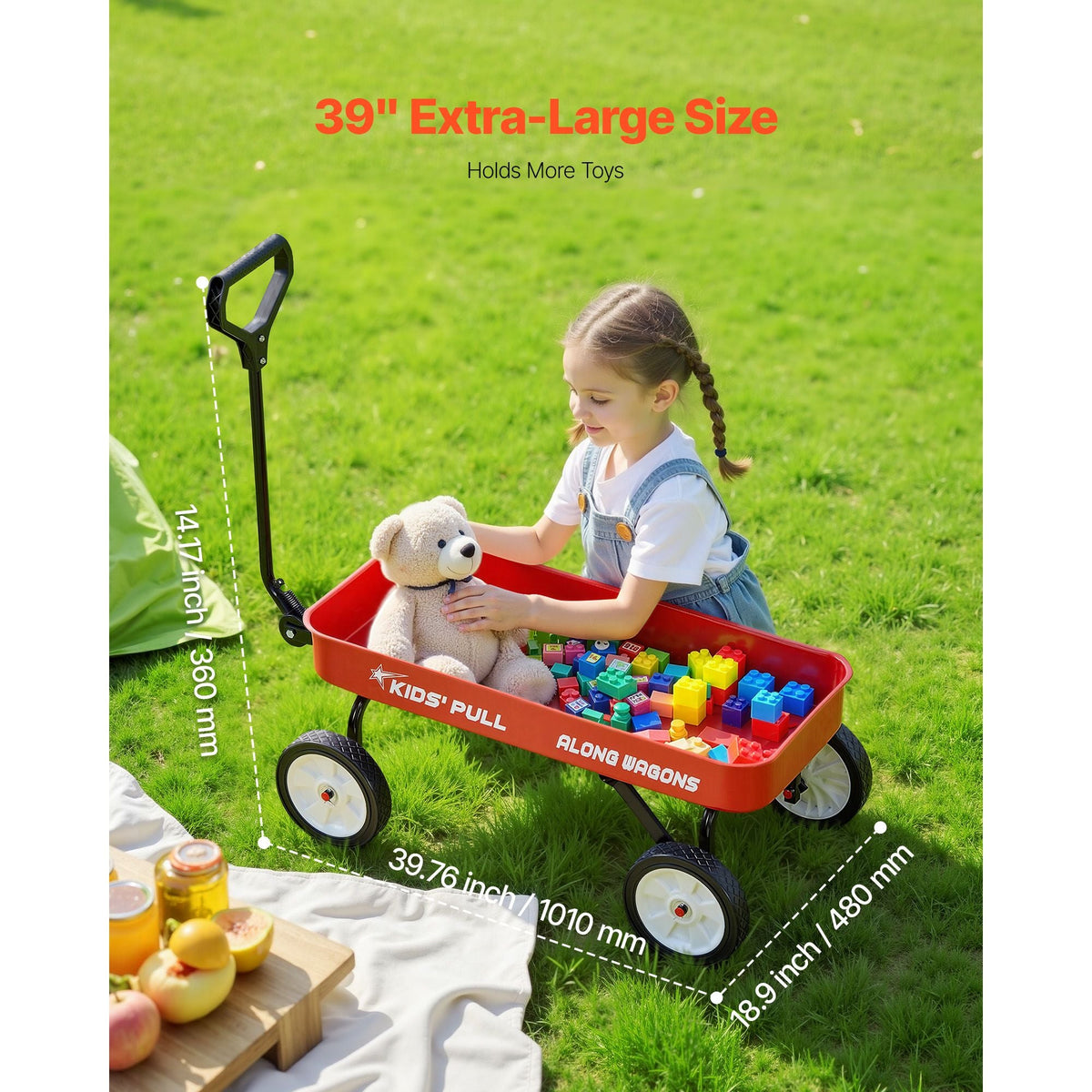Pull-Along Wagon for Kids, 39 inch Toddler Wagons, Supports up to 176 lbs, All-Terrain Wagons with Handle, Utility Wagon Cart Birthday Present for Kids Gardening Beach Camping, Red