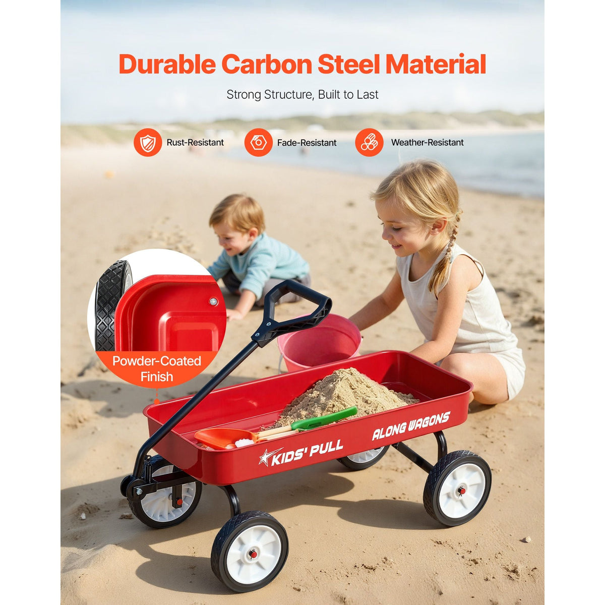 Pull-Along Wagon for Kids, 39 inch Toddler Wagons, Supports up to 176 lbs, All-Terrain Wagons with Handle, Utility Wagon Cart Birthday Present for Kids Gardening Beach Camping, Red