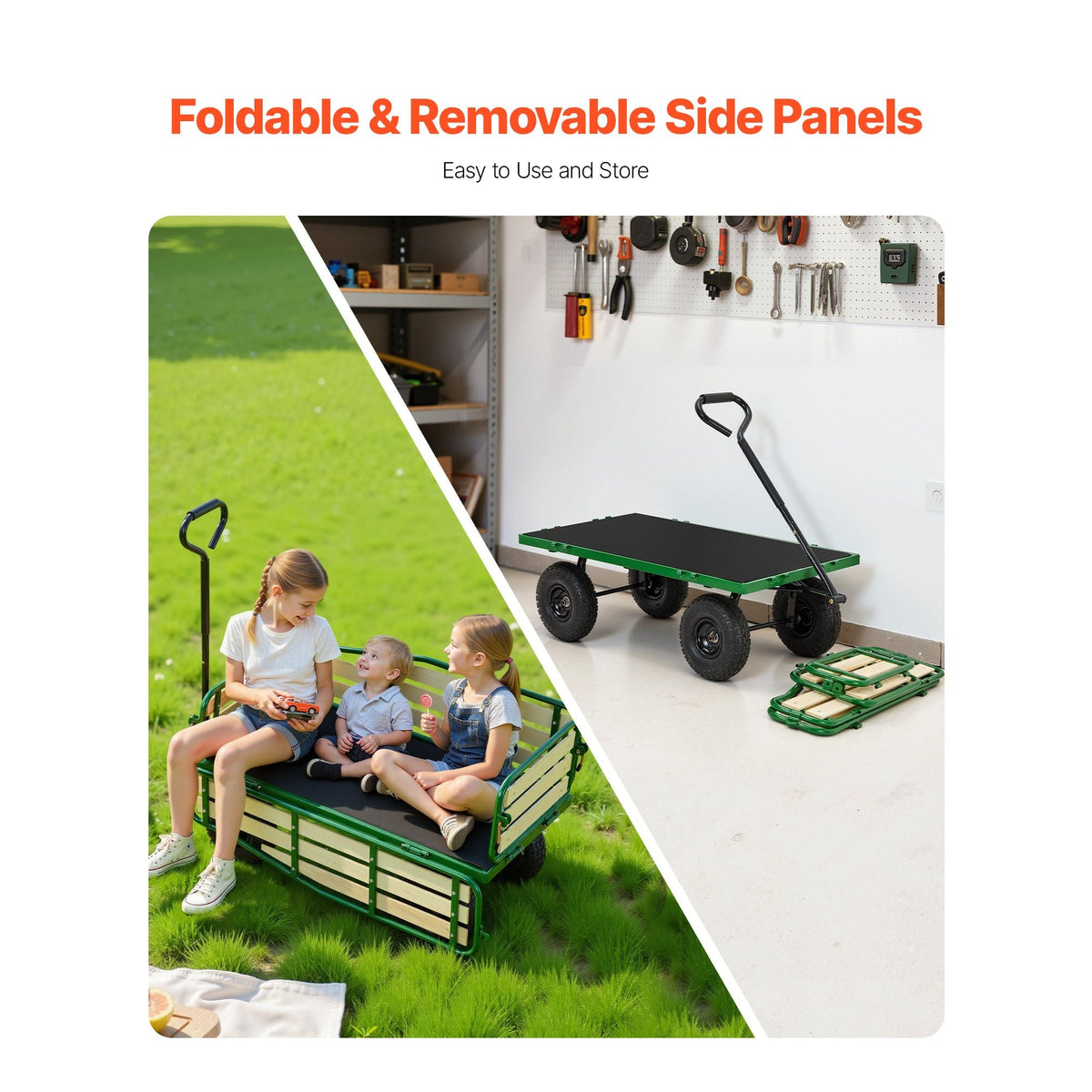 Pull-Along Wagon for Kids, 39 inch Toddler Wagons with Wooden Panels & Handle, Supports up to 330 lbs, All-Terrain Utility Wagon Cart Birthday Present for Kids Gardening Beach, Green