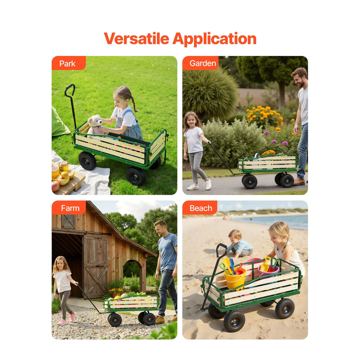Pull-Along Wagon for Kids, 39 inch Toddler Wagons with Wooden Panels & Handle, Supports up to 330 lbs, All-Terrain Utility Wagon Cart Birthday Present for Kids Gardening Beach, Green