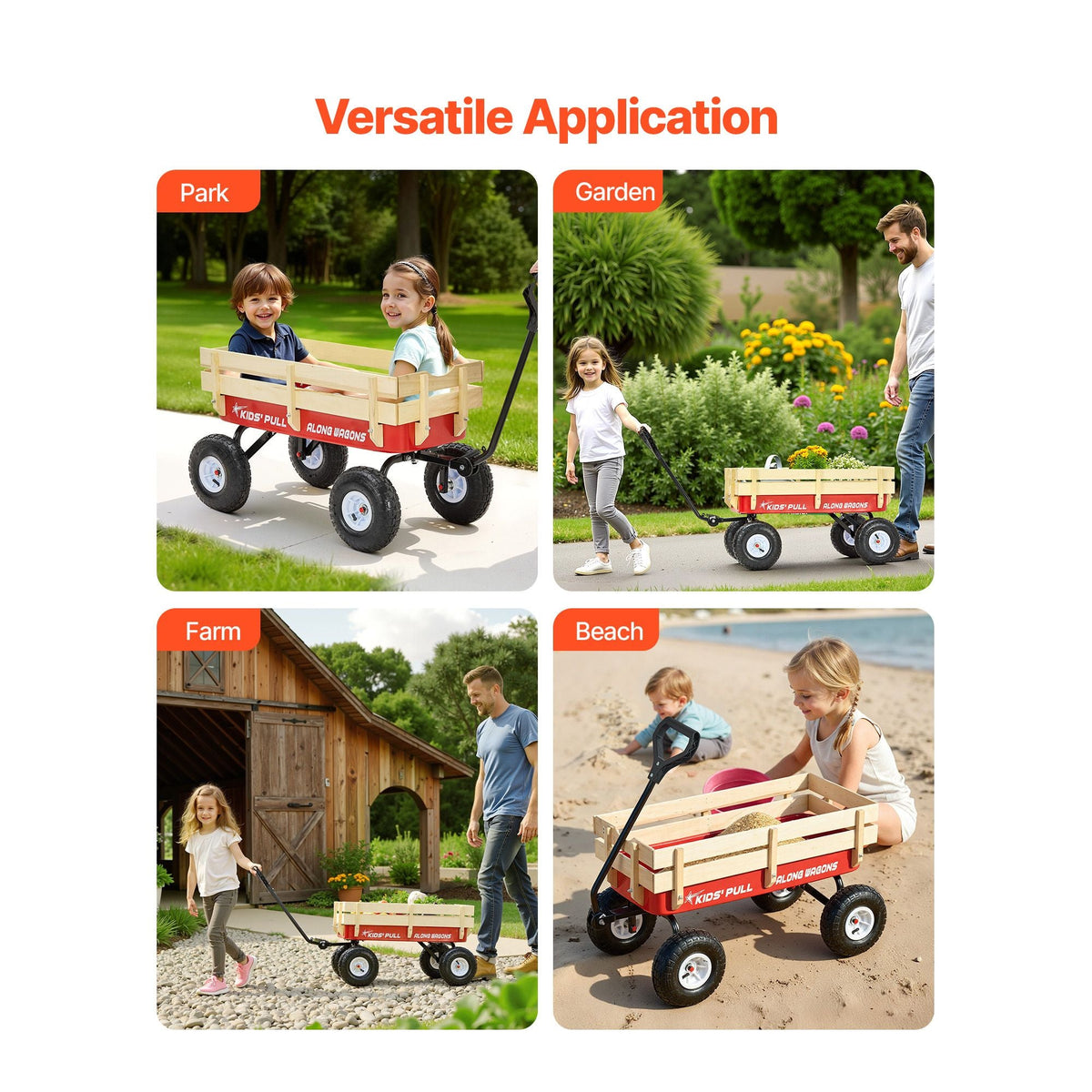 Pull-Along Wagon for Kids, 39 inch Toddler Wagons with Wooden Panels & Handle, Supports up to 330 lbs, All-Terrain Utility Wagon Cart Birthday Present for Kids Gardening Beach, Red