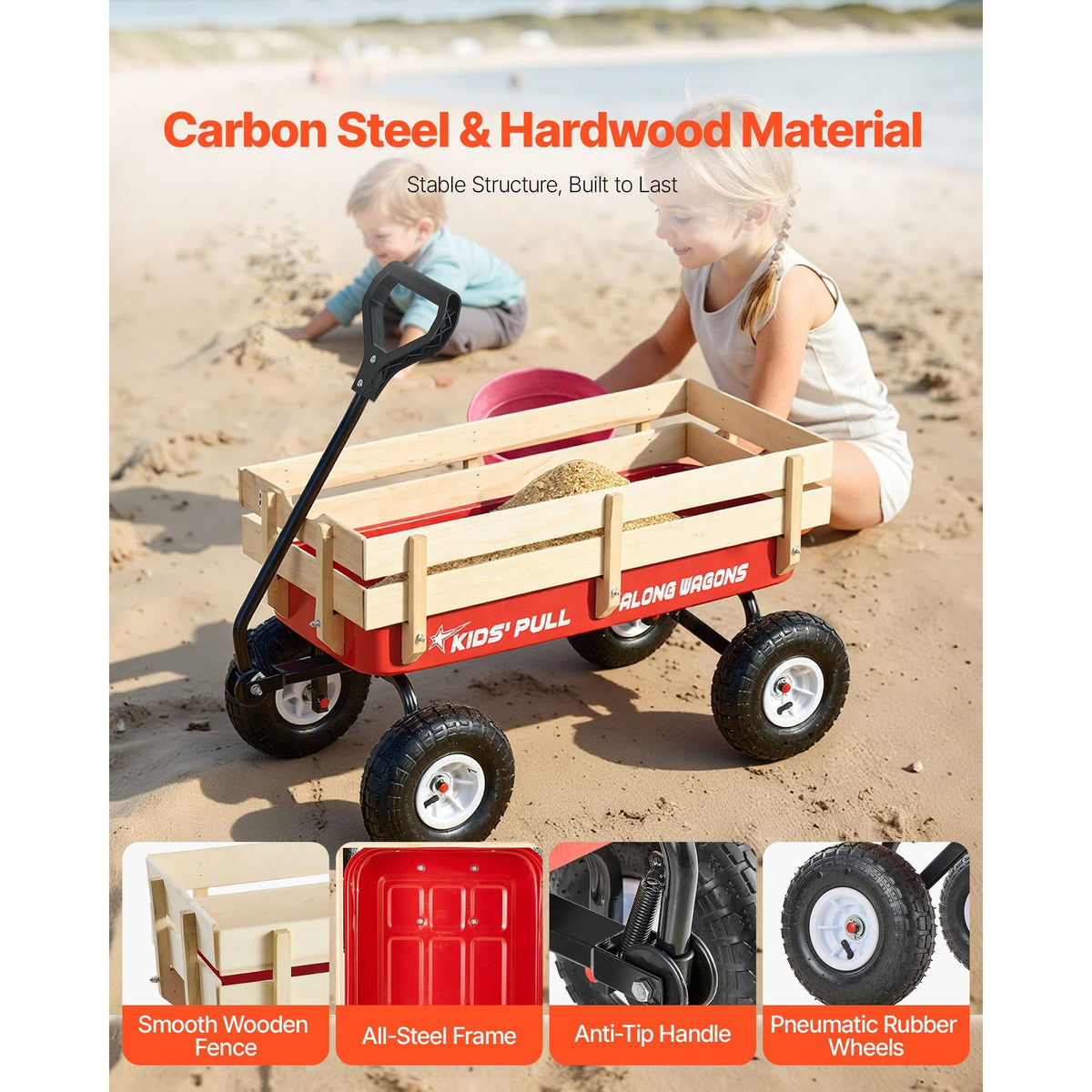 Pull-Along Wagon for Kids, 39 inch Toddler Wagons with Wooden Panels & Handle, Supports up to 330 lbs, All-Terrain Utility Wagon Cart Birthday Present for Kids Gardening Beach, Red