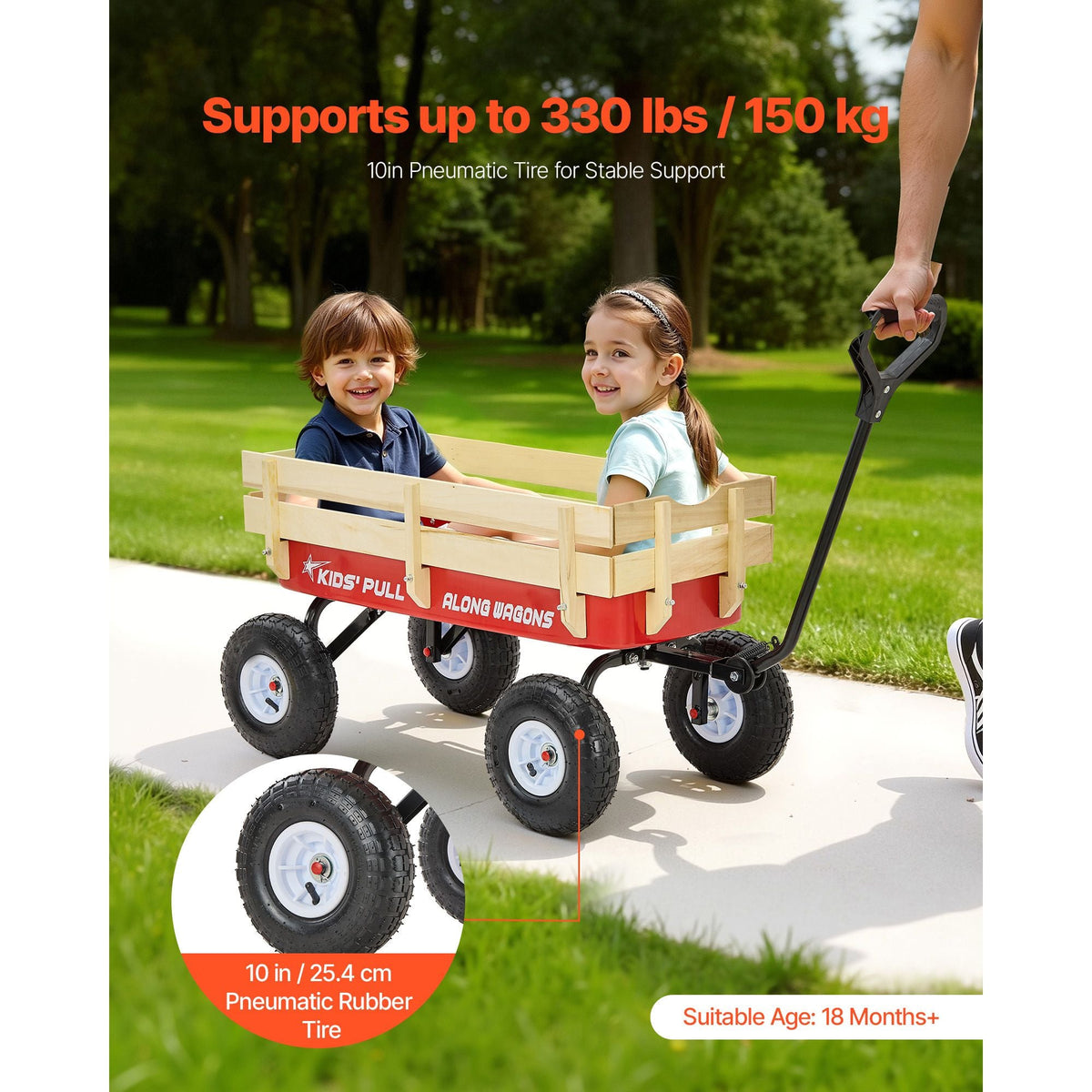 Pull-Along Wagon for Kids, 39 inch Toddler Wagons with Wooden Panels & Handle, Supports up to 330 lbs, All-Terrain Utility Wagon Cart Birthday Present for Kids Gardening Beach, Red