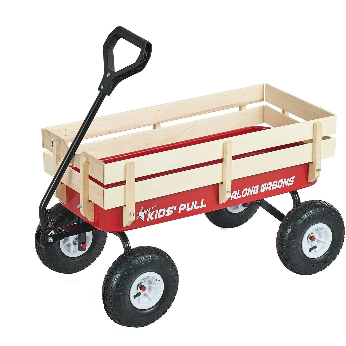 Pull-Along Wagon for Kids, 39 inch Toddler Wagons with Wooden Panels & Handle, Supports up to 330 lbs, All-Terrain Utility Wagon Cart Birthday Present for Kids Gardening Beach, Red