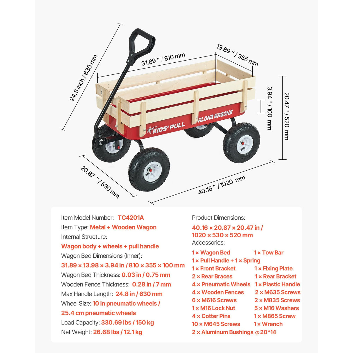 Pull-Along Wagon for Kids, 39 inch Toddler Wagons with Wooden Panels & Handle, Supports up to 330 lbs, All-Terrain Utility Wagon Cart Birthday Present for Kids Gardening Beach, Red