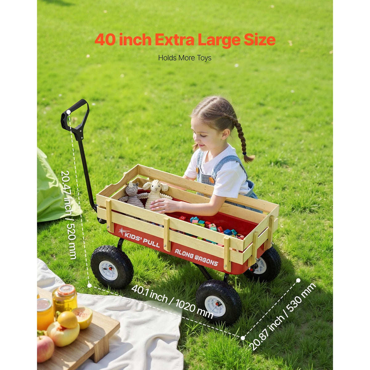Pull-Along Wagon for Kids, 39 inch Toddler Wagons with Wooden Panels & Handle, Supports up to 330 lbs, All-Terrain Utility Wagon Cart Birthday Present for Kids Gardening Beach, Red