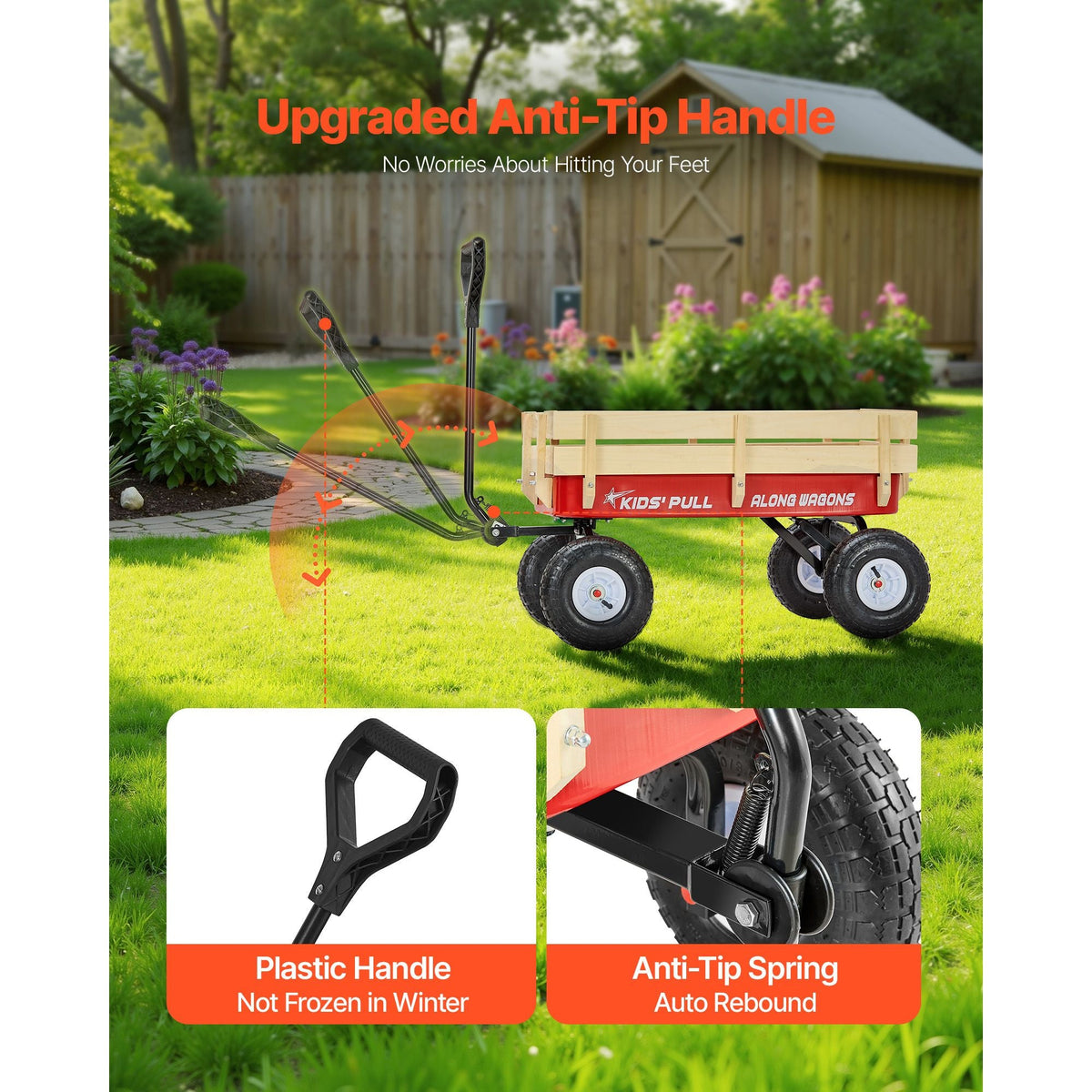 Pull-Along Wagon for Kids, 39 inch Toddler Wagons with Wooden Panels & Handle, Supports up to 330 lbs, All-Terrain Utility Wagon Cart Birthday Present for Kids Gardening Beach, Red