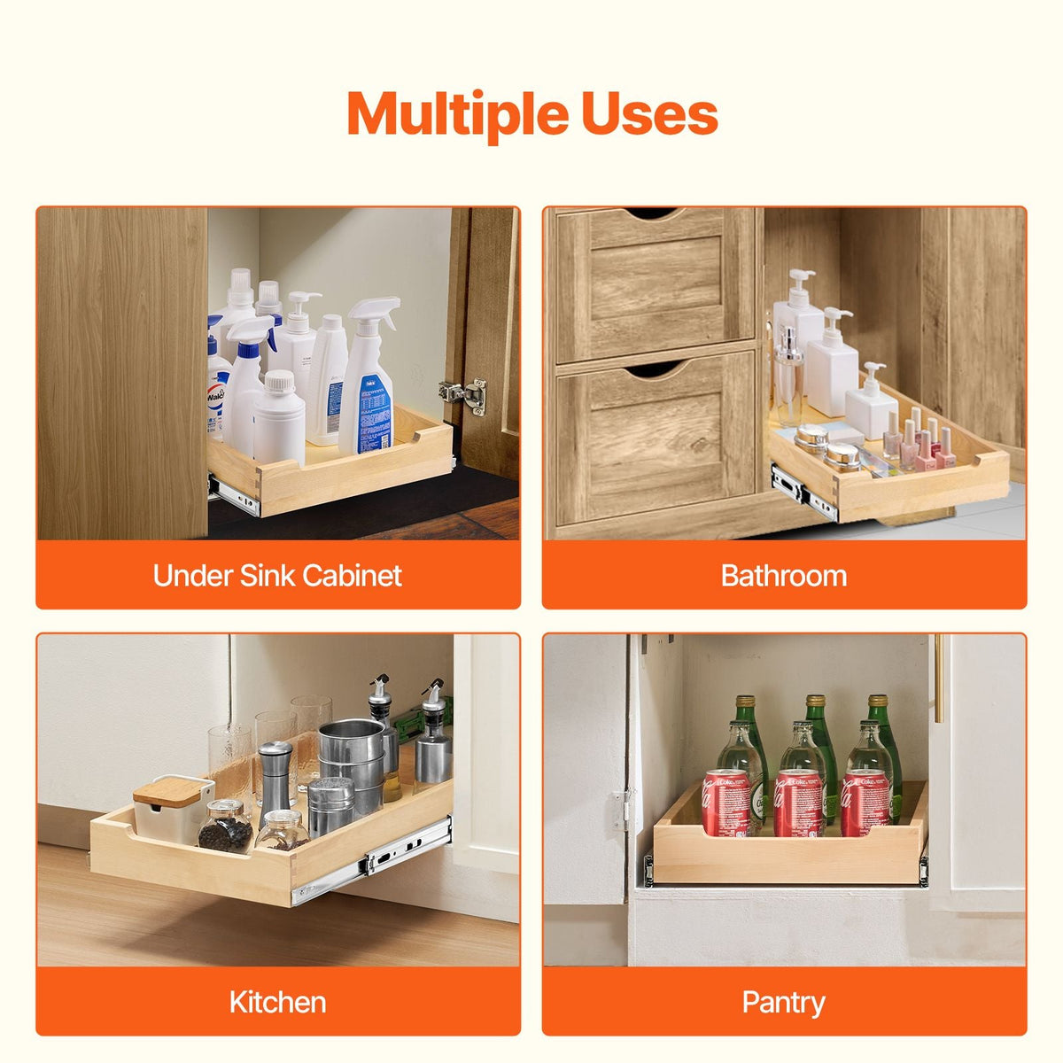 Pull Out Cabinet Organizer, 14"W x 21"D Cabinet Drawer, Soft Close Slide out Shelf, Heavy-Duty Sliding Wood Drawer, Bottom and Side Assembly Base Cabinet Organization for Kitchen Pantry Bathroom