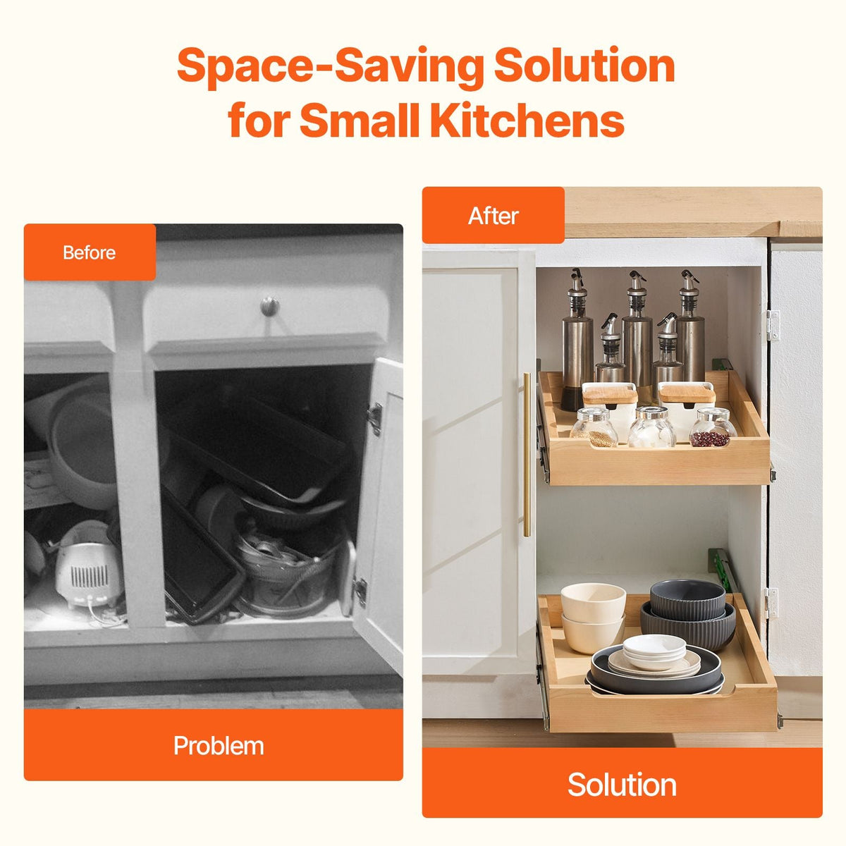 Pull Out Cabinet Organizer, 14"W x 21"D Cabinet Drawer, Soft Close Slide out Shelf, Heavy-Duty Sliding Wood Drawer, Bottom and Side Assembly Base Cabinet Organization for Kitchen Pantry Bathroom