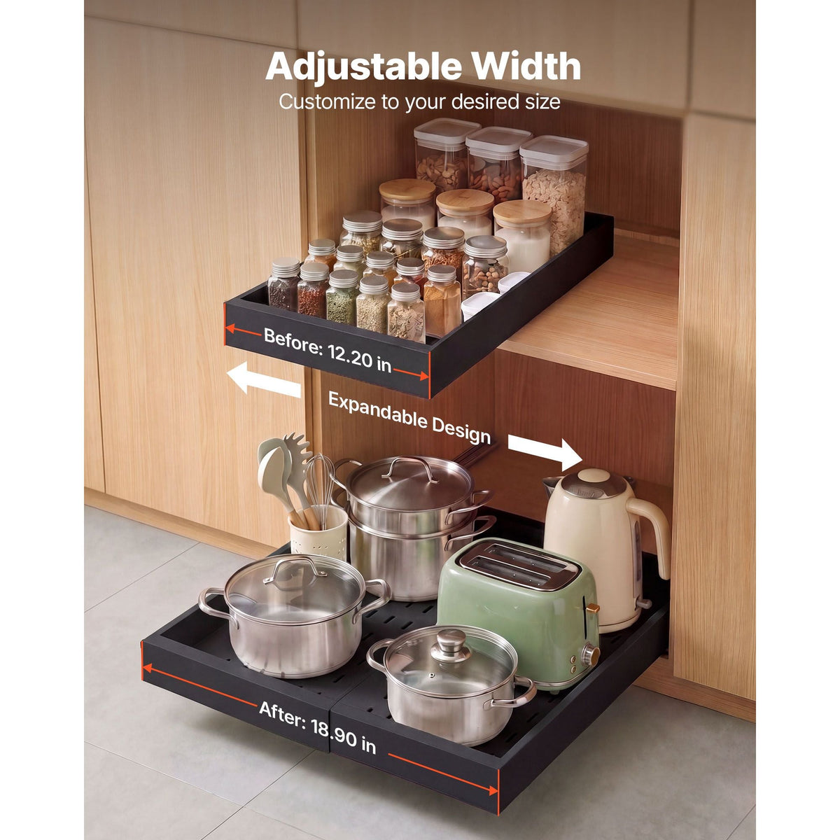 Pull Out Cabinet Organizer, 4 Pack Expandable Width (12.2"-18.9"), 20.47" Deep Pull Out Drawers for Cabinets, Sliding Drawer for Kitchen Pantry Cabinet Organizer with Nano Adhesive Strips, Black