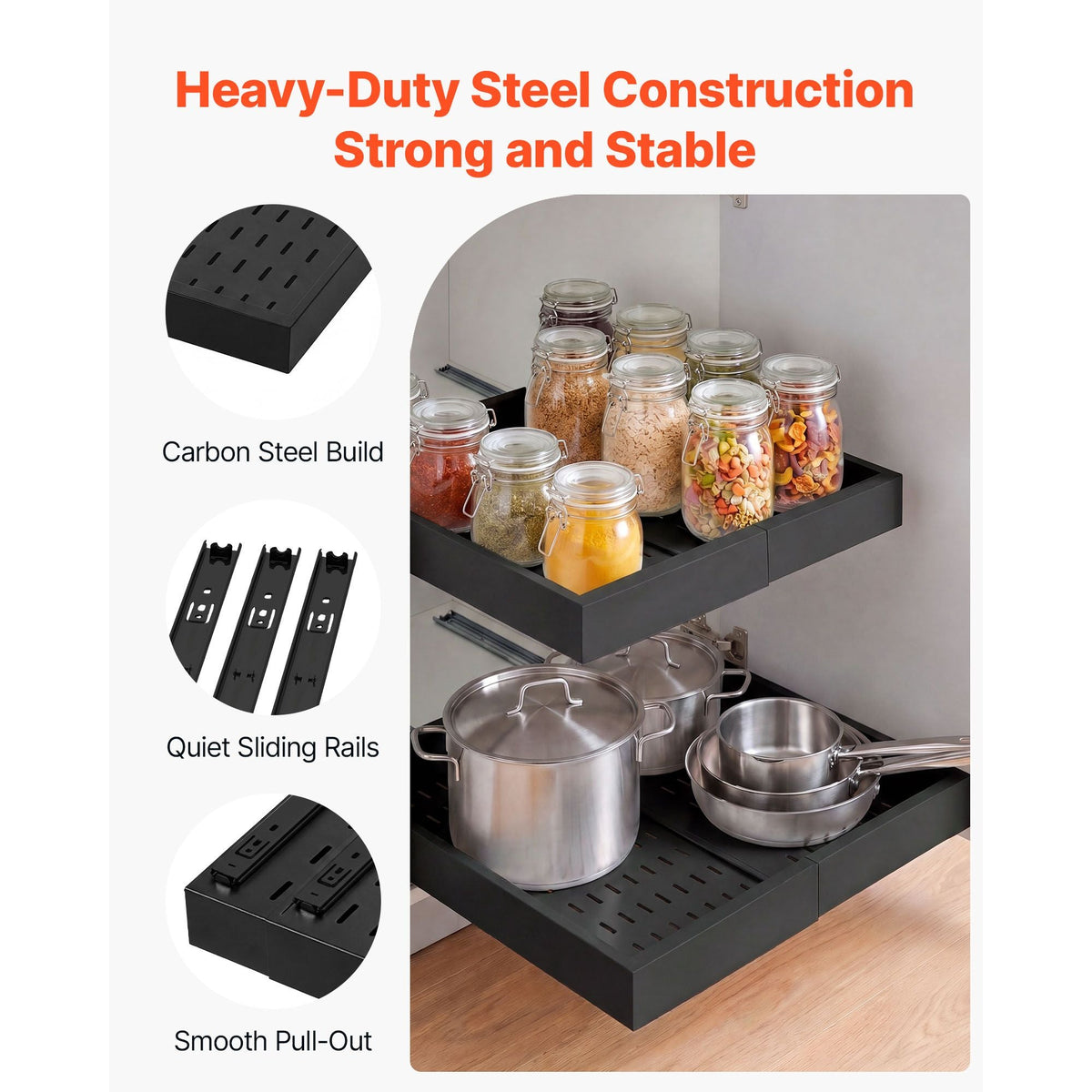 Pull Out Cabinet Organizer, 4 Pack Expandable Width (12.2"-18.9"), 20.47" Deep Pull Out Drawers for Cabinets, Sliding Drawer for Kitchen Pantry Cabinet Organizer with Nano Adhesive Strips, Black