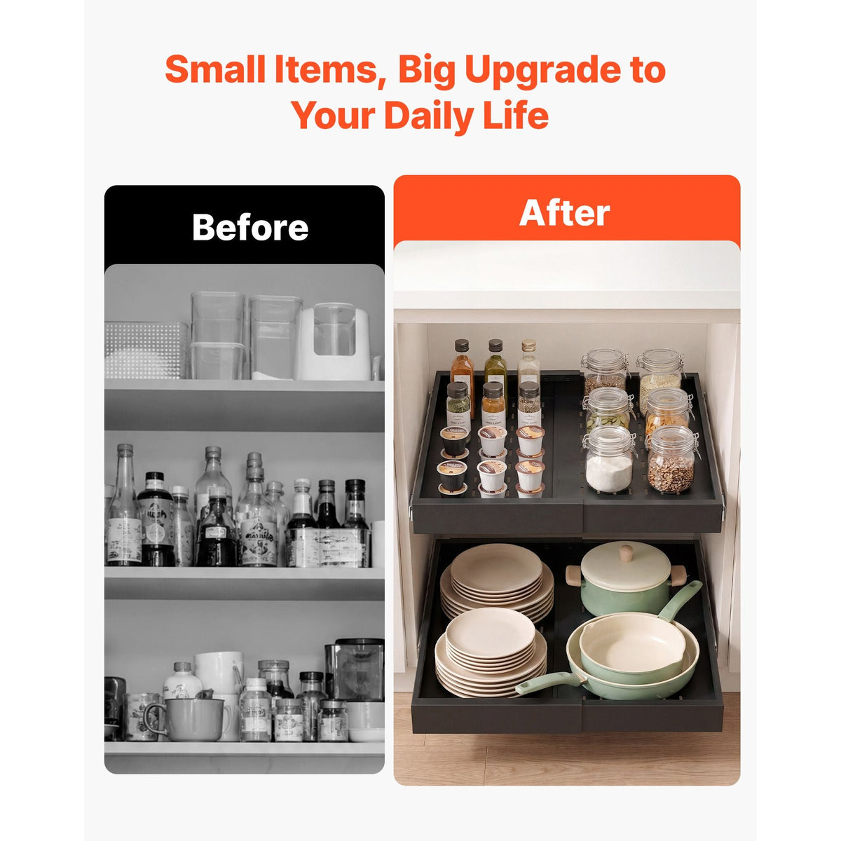 Pull Out Cabinet Organizer, 4 Pack Expandable Width (12.2"-18.9"), 20.47" Deep Pull Out Drawers for Cabinets, Sliding Drawer for Kitchen Pantry Cabinet Organizer with Nano Adhesive Strips, Black