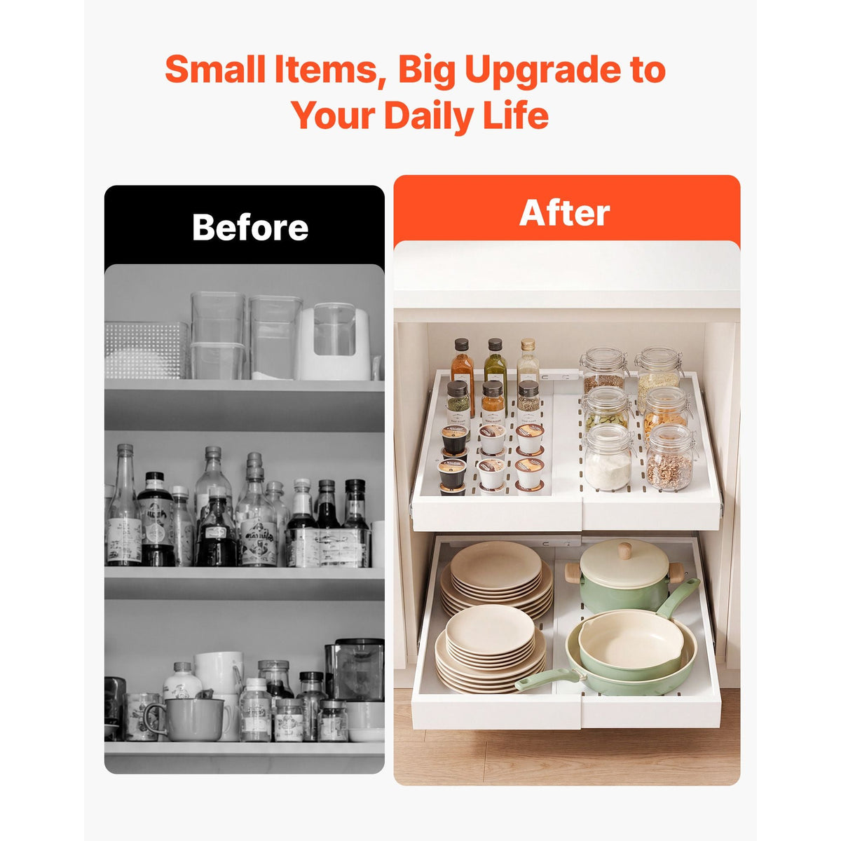 Pull Out Cabinet Organizer, 4 Pack Expandable Width (12.2"-18.9"), 20.47" Deep Pull Out Drawers for Cabinets, Sliding Drawer for Kitchen Pantry Cabinet Organizer with Nano Adhesive Strips, White