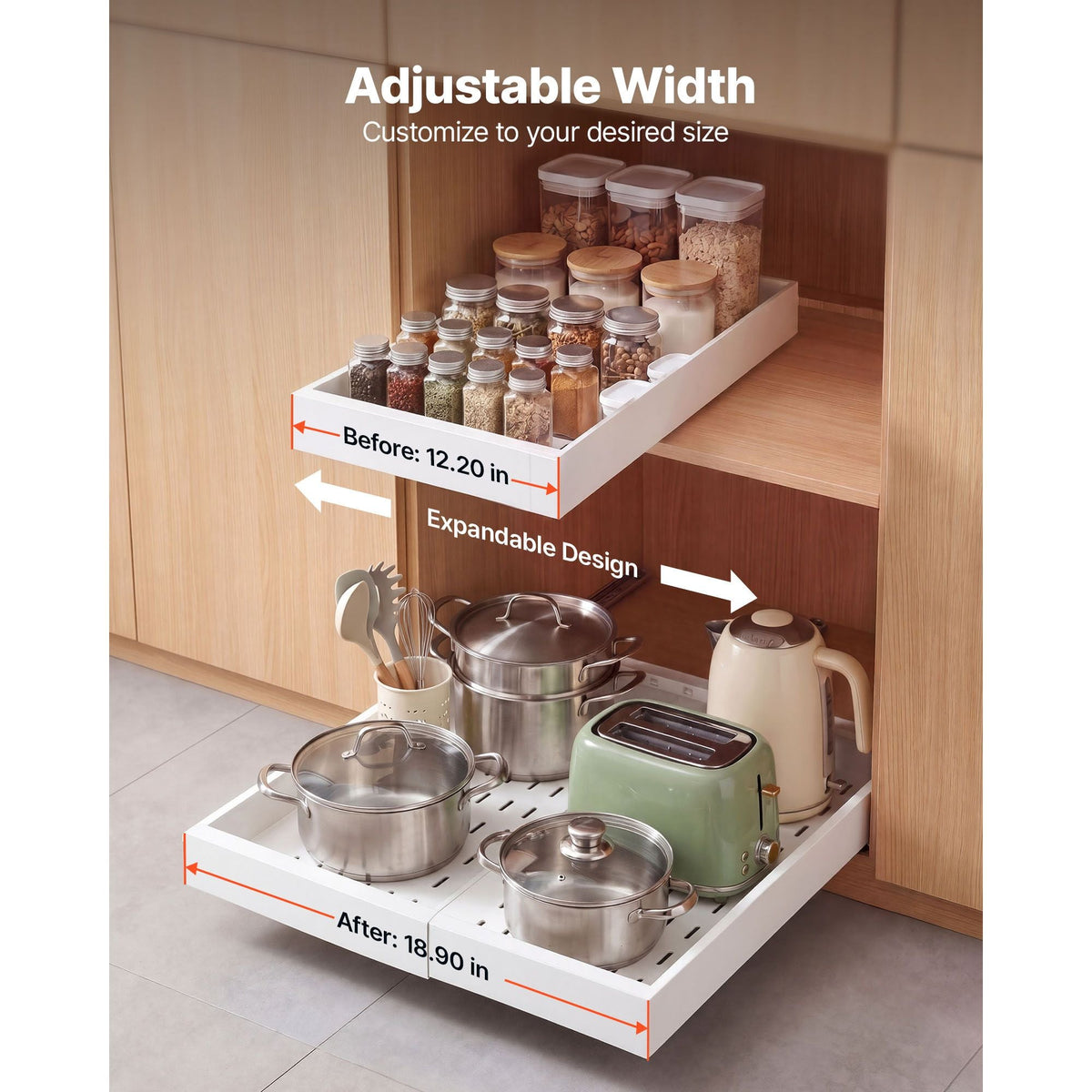 Pull Out Cabinet Organizer, 4 Pack Expandable Width (12.2"-18.9"), 20.47" Deep Pull Out Drawers for Cabinets, Sliding Drawer for Kitchen Pantry Cabinet Organizer with Nano Adhesive Strips, White