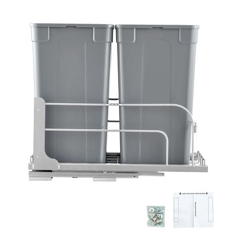Pull-Out Trash Can, 27 QT x2 Double Under Mount Kitchen Waste Container, Heavy Duty Garbage Recycling Bin with Door Kit and Soft Close Slide, for Kitchen Cabinet, Sink, Under Counter (Grey)