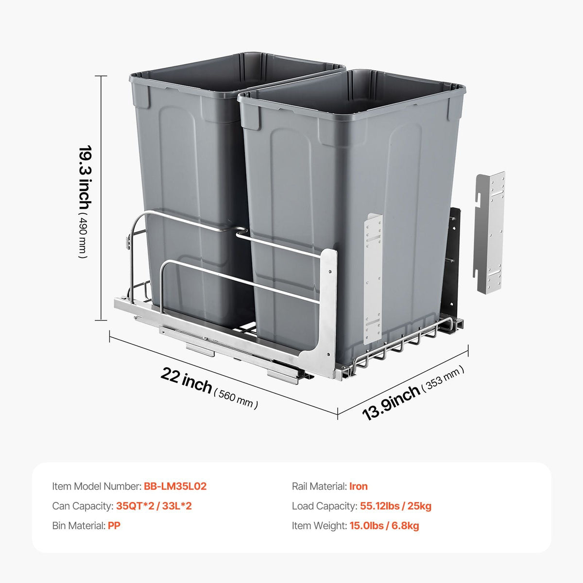 Pull-Out Trash Can, 35 QT x2 Double Under Mount Kitchen Waste Container, Heavy Duty Garbage Recycling Bin with Door Kit and Soft Close Slide, for Kitchen Cabinet, Sink, Under Counter (Grey)