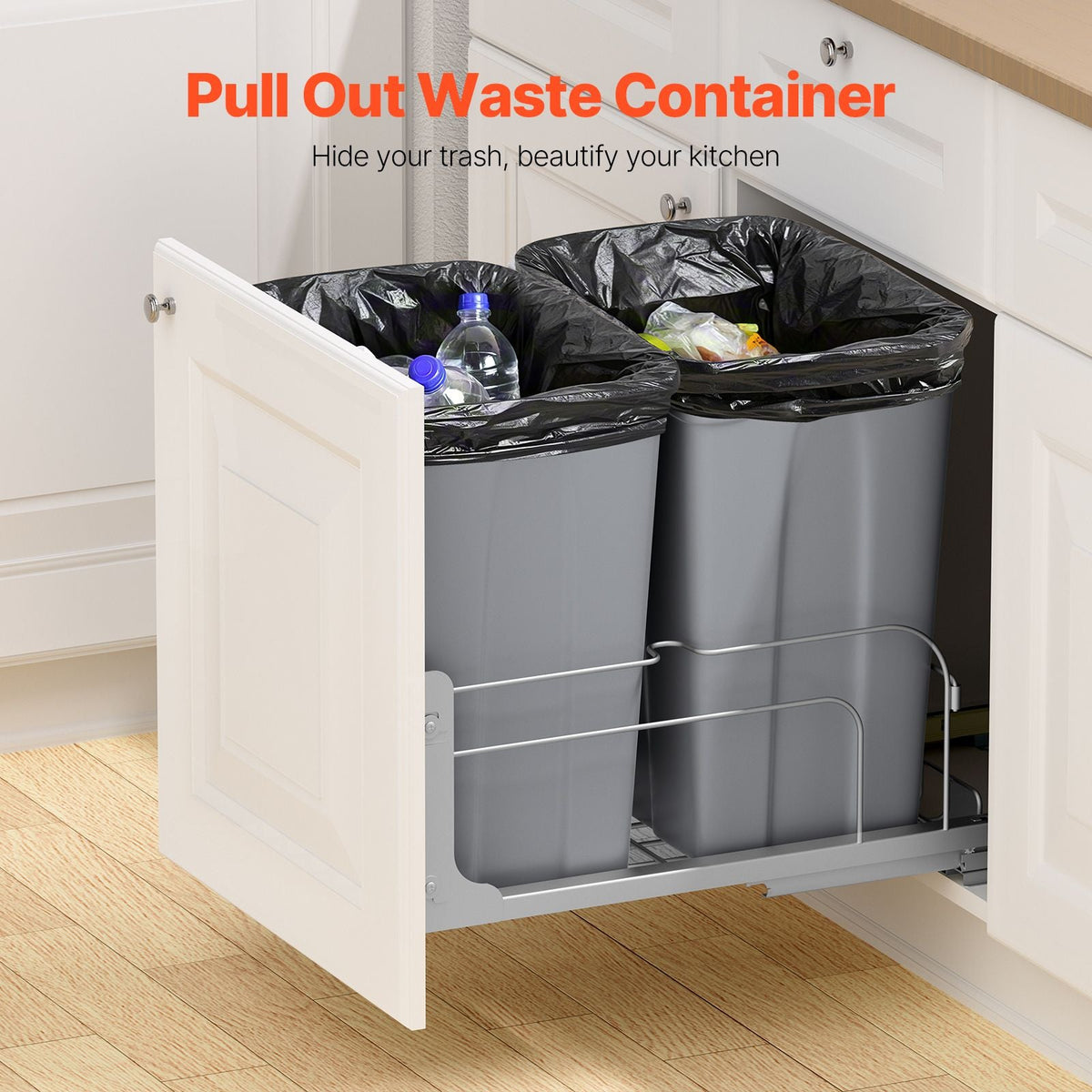 Pull-Out Trash Can, 35 QT x2 Double Under Mount Kitchen Waste Container, Heavy Duty Garbage Recycling Bin with Door Kit and Soft Close Slide, for Kitchen Cabinet, Sink, Under Counter (Grey)