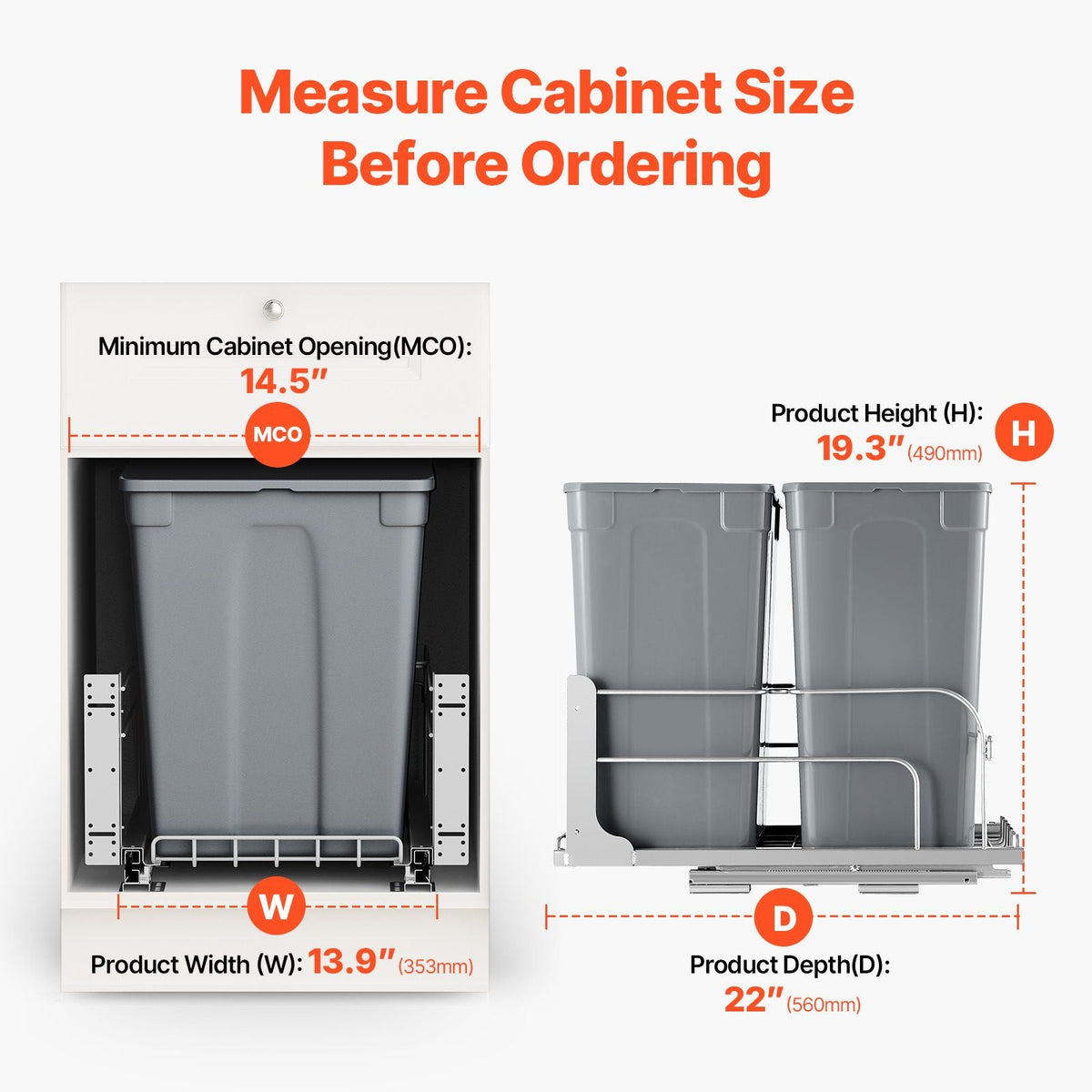 Pull-Out Trash Can, 35 QT x2 Double Under Mount Kitchen Waste Container, Heavy Duty Garbage Recycling Bin with Door Kit and Soft Close Slide, for Kitchen Cabinet, Sink, Under Counter (Grey)