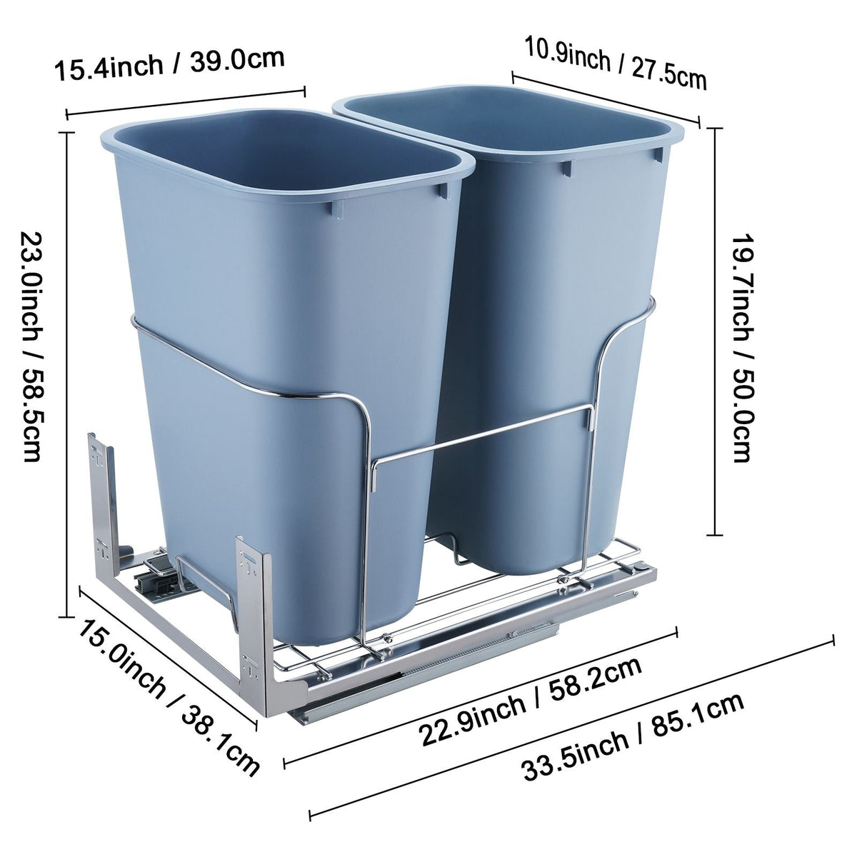 Pull-Out Trash Can, 35Lx2 Double Bins, Under Mount Kitchen Waste Container with Slide and Door Mounting Kit, 110 lbs Load Capacity Heavy Duty Garbage Recycling Bin for Kitchen Cabinet, Sink