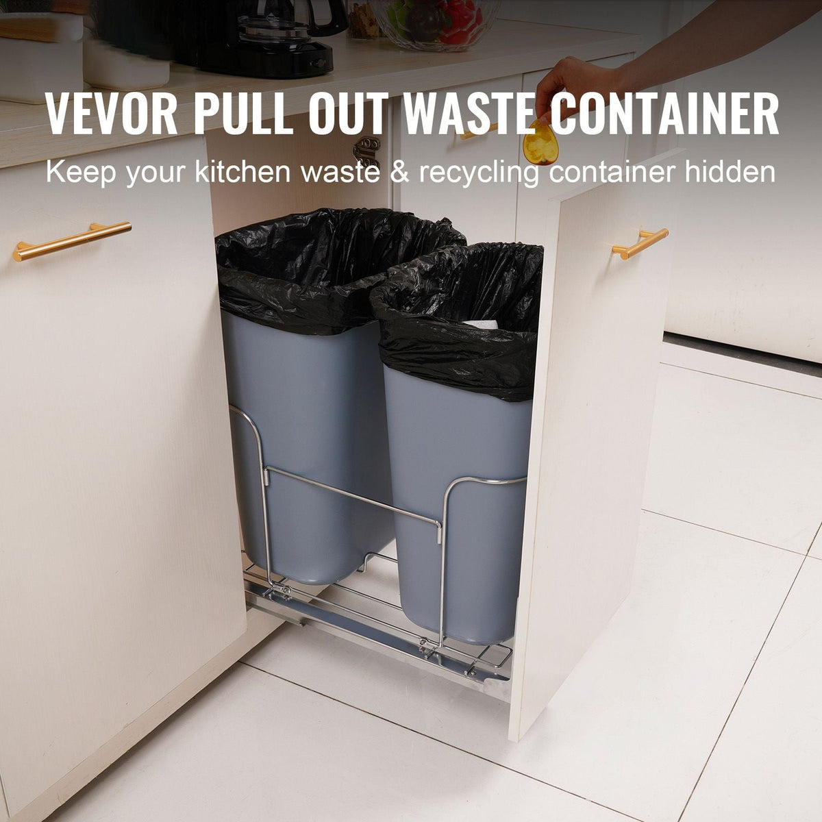 Pull-Out Trash Can, 35Lx2 Double Bins, Under Mount Kitchen Waste Container with Slide and Door Mounting Kit, 110 lbs Load Capacity Heavy Duty Garbage Recycling Bin for Kitchen Cabinet, Sink