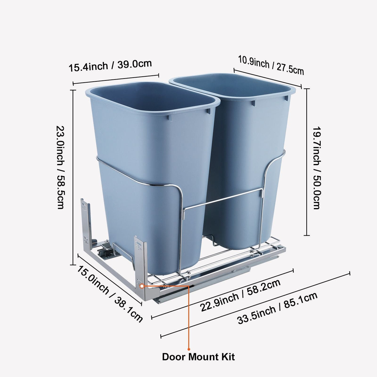 Pull-Out Trash Can, 35Lx2 Double Bins, Under Mount Kitchen Waste Container with Slide and Door Mounting Kit, 110 lbs Load Capacity Heavy Duty Garbage Recycling Bin for Kitchen Cabinet, Sink