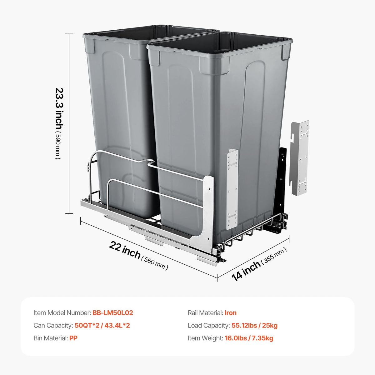 Pull-Out Trash Can, 50 QT x2 Double Under Mount Kitchen Waste Container, Heavy Duty Garbage Recycling Bin with Door Kit and Soft Close Slide, for Kitchen Cabinet, Sink, Under Counter (Grey)
