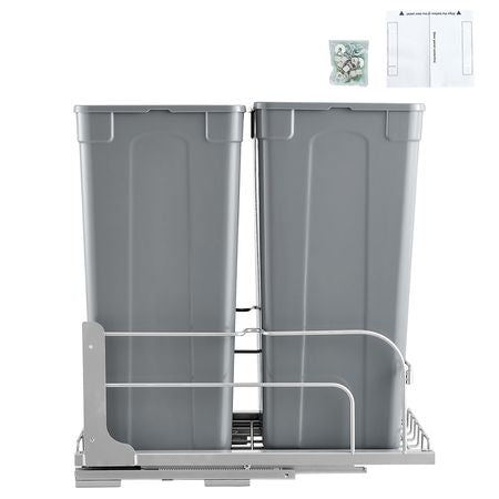 Pull-Out Trash Can, 50 QT x2 Double Under Mount Kitchen Waste Container, Heavy Duty Garbage Recycling Bin with Door Kit and Soft Close Slide, for Kitchen Cabinet, Sink, Under Counter (Grey)