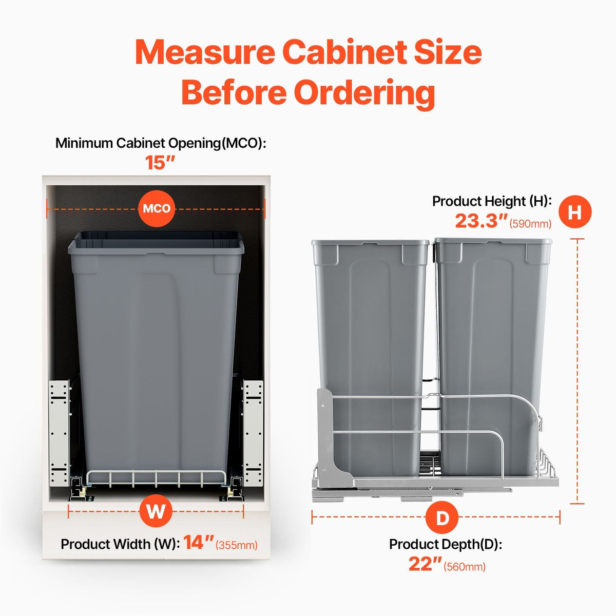 Pull-Out Trash Can, 50 QT x2 Double Under Mount Kitchen Waste Container, Heavy Duty Garbage Recycling Bin with Door Kit and Soft Close Slide, for Kitchen Cabinet, Sink, Under Counter (Grey)