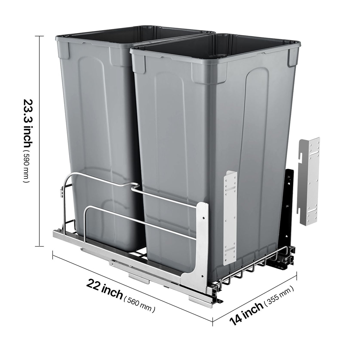 Pull-Out Trash Can, 50 QT x2 Double Under Mount Kitchen Waste Container, Heavy Duty Garbage Recycling Bin with Door Kit and Soft Close Slide, for Kitchen Cabinet, Sink, Under Counter (Grey)