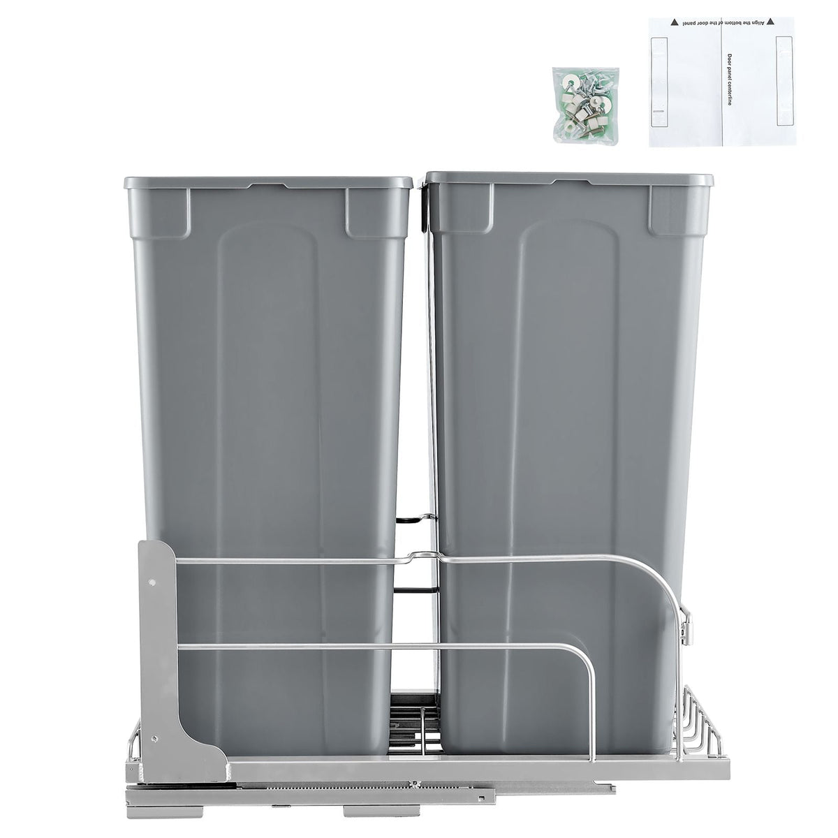 Pull-Out Trash Can, 50 QT x2 Double Under Mount Kitchen Waste Container, Heavy Duty Garbage Recycling Bin with Door Kit and Soft Close Slide, for Kitchen Cabinet, Sink, Under Counter (Grey)