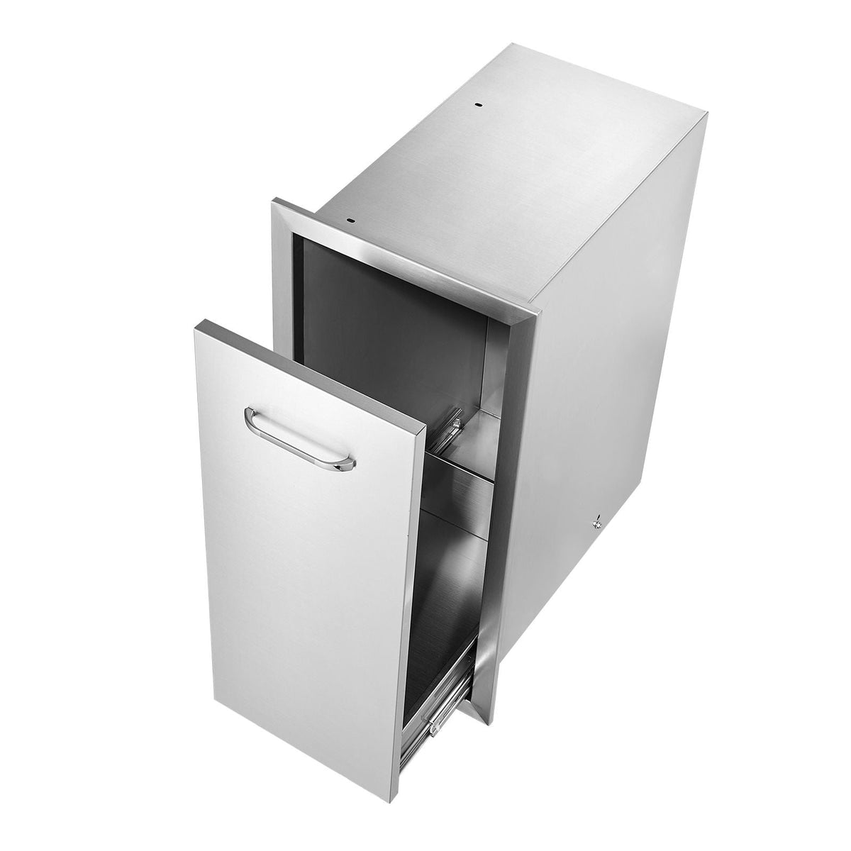 Pull Out Trash Drawer 13.6Wx26Hx19.3D Inch Lower Sliding Rails Stainless Steel Roll Out Trash Bin Pull Out Tray Outdoor Kitchen Trash Drawer with Handle for BBQ Island Grill Station No Trash Can