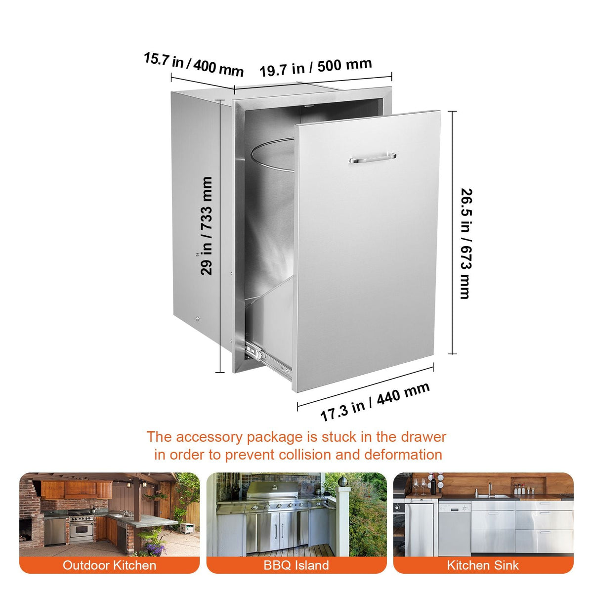 Pull Out Trash Drawer 19.7W x 26.5H Inch Outdoor Kitchen Drawers Stainless Steel with Trash Bag Ring for BBQ Island or Grill Station