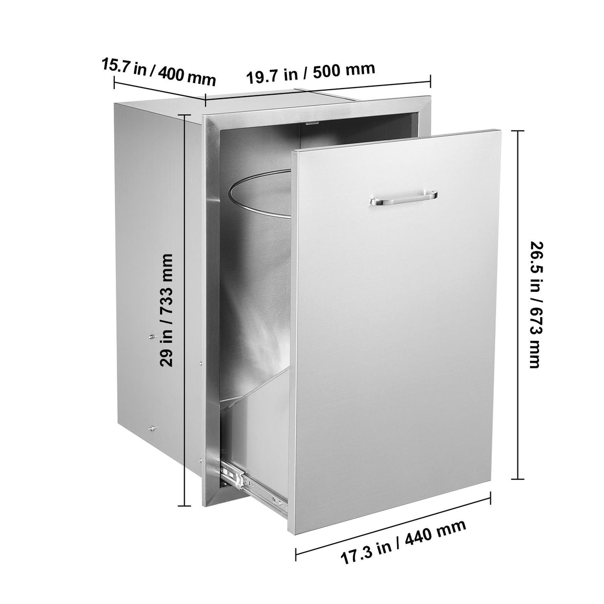 Pull Out Trash Drawer 19.7W x 26.5H Inch Outdoor Kitchen Drawers Stainless Steel with Trash Bag Ring for BBQ Island or Grill Station