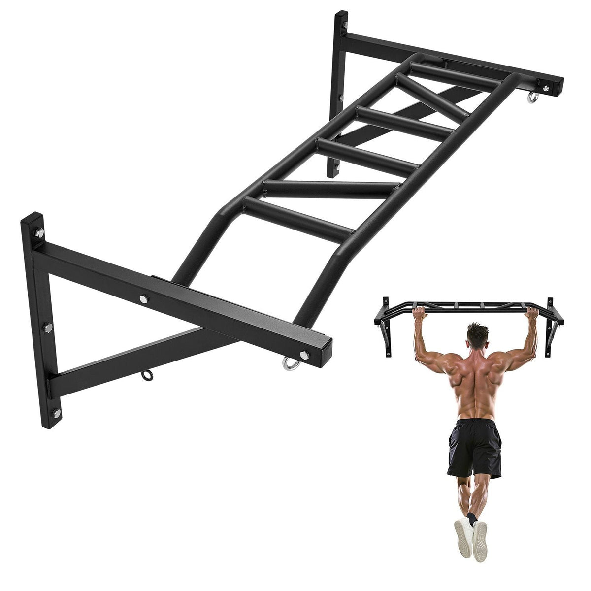 Pull Up Bar, Multi-Grip Wall Mounted Pull Ups, 50 in Width Multifunctional Chin Up Training Station, Heavy Duty Steel Upper Body Workout Bars with Hangers, 440 lbs Weight Capacity, for Home Gym