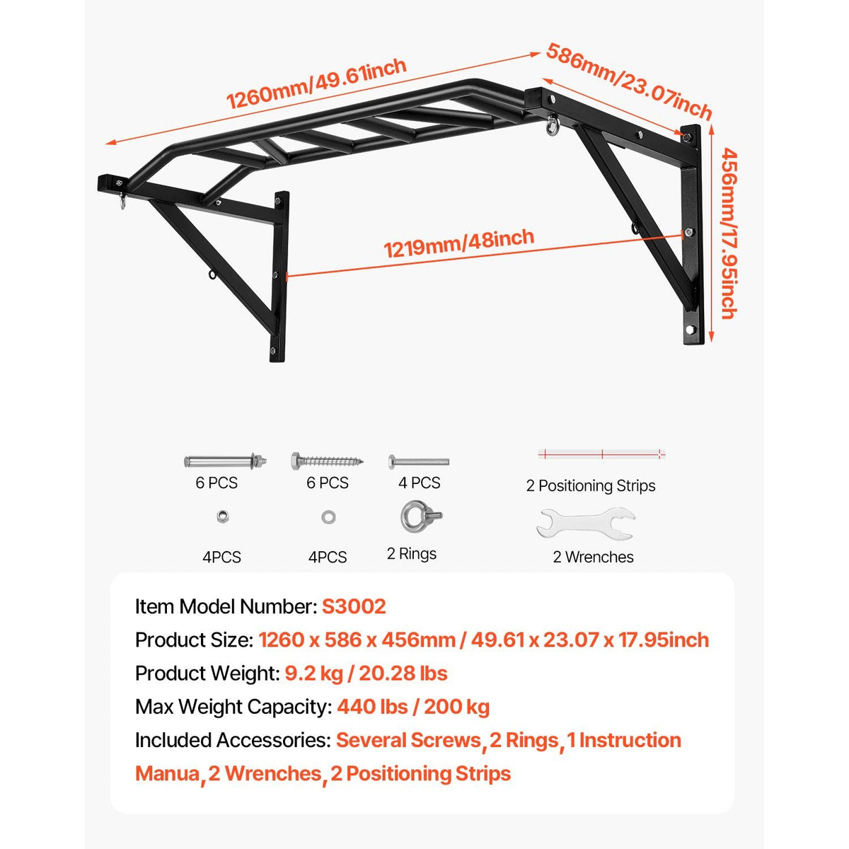 Pull Up Bar, Multi-Grip Wall Mounted Pull Ups, 50 in Width Multifunctional Chin Up Training Station, Heavy Duty Steel Upper Body Workout Bars with Hangers, 440 lbs Weight Capacity, for Home Gym