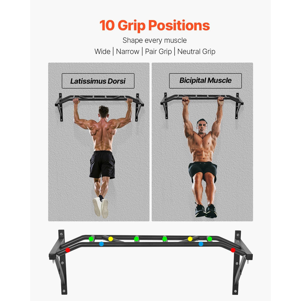 Pull Up Bar, Multi-Grip Wall Mounted Pull Ups, 50 in Width Multifunctional Chin Up Training Station, Heavy Duty Steel Upper Body Workout Bars with Hangers, 440 lbs Weight Capacity, for Home Gym
