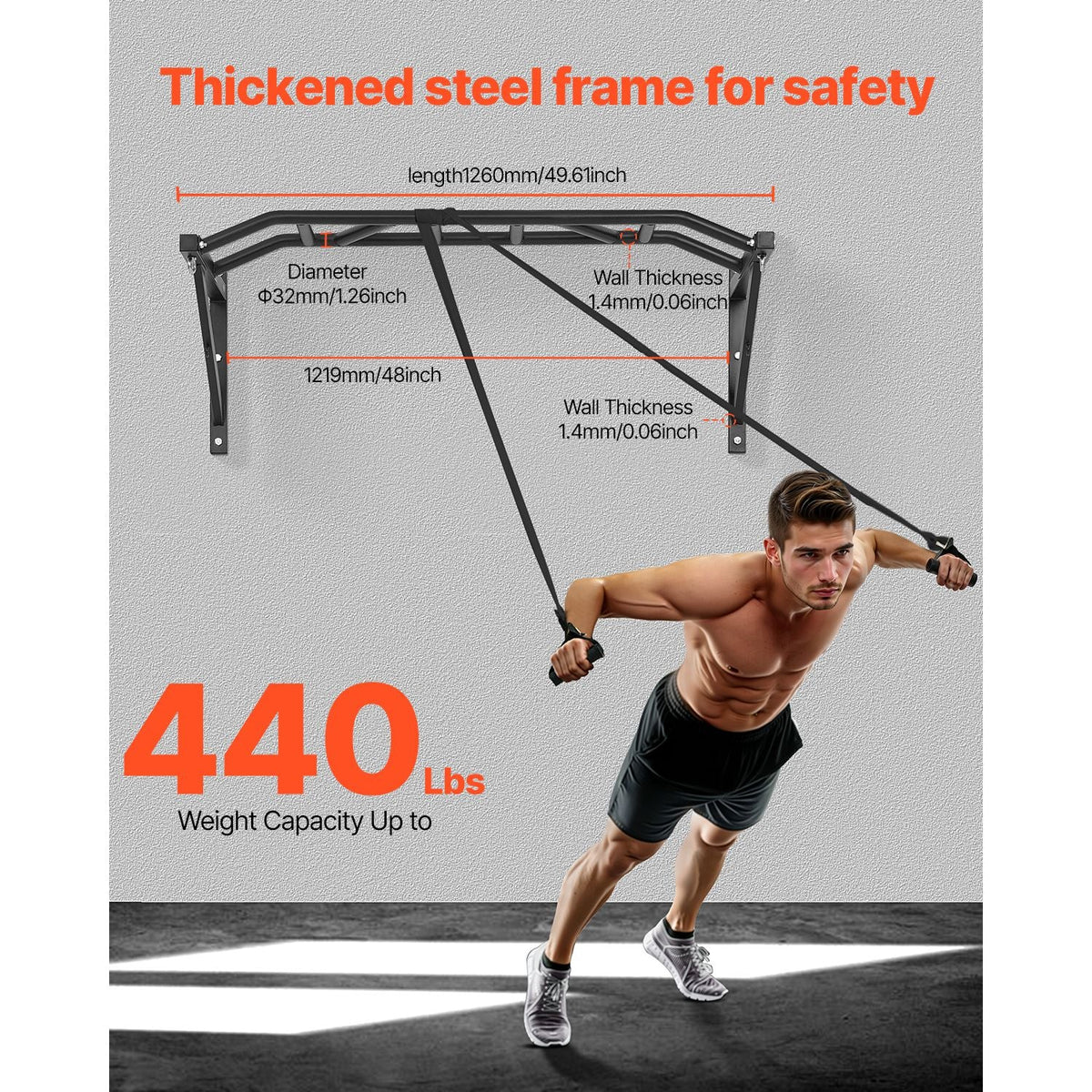 Pull Up Bar, Multi-Grip Wall Mounted Pull Ups, 50 in Width Multifunctional Chin Up Training Station, Heavy Duty Steel Upper Body Workout Bars with Hangers, 440 lbs Weight Capacity, for Home Gym