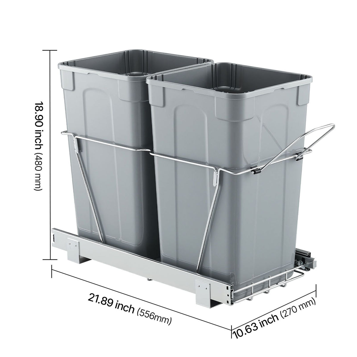 Pullout Trash Can for Kitchen Cabinets, 27QTx2 Double Under Sink Garbage Waste Recycling Bin, Under Mount Waste Container, with Heavy Duty Metal Full Extension Sliding System and Handle