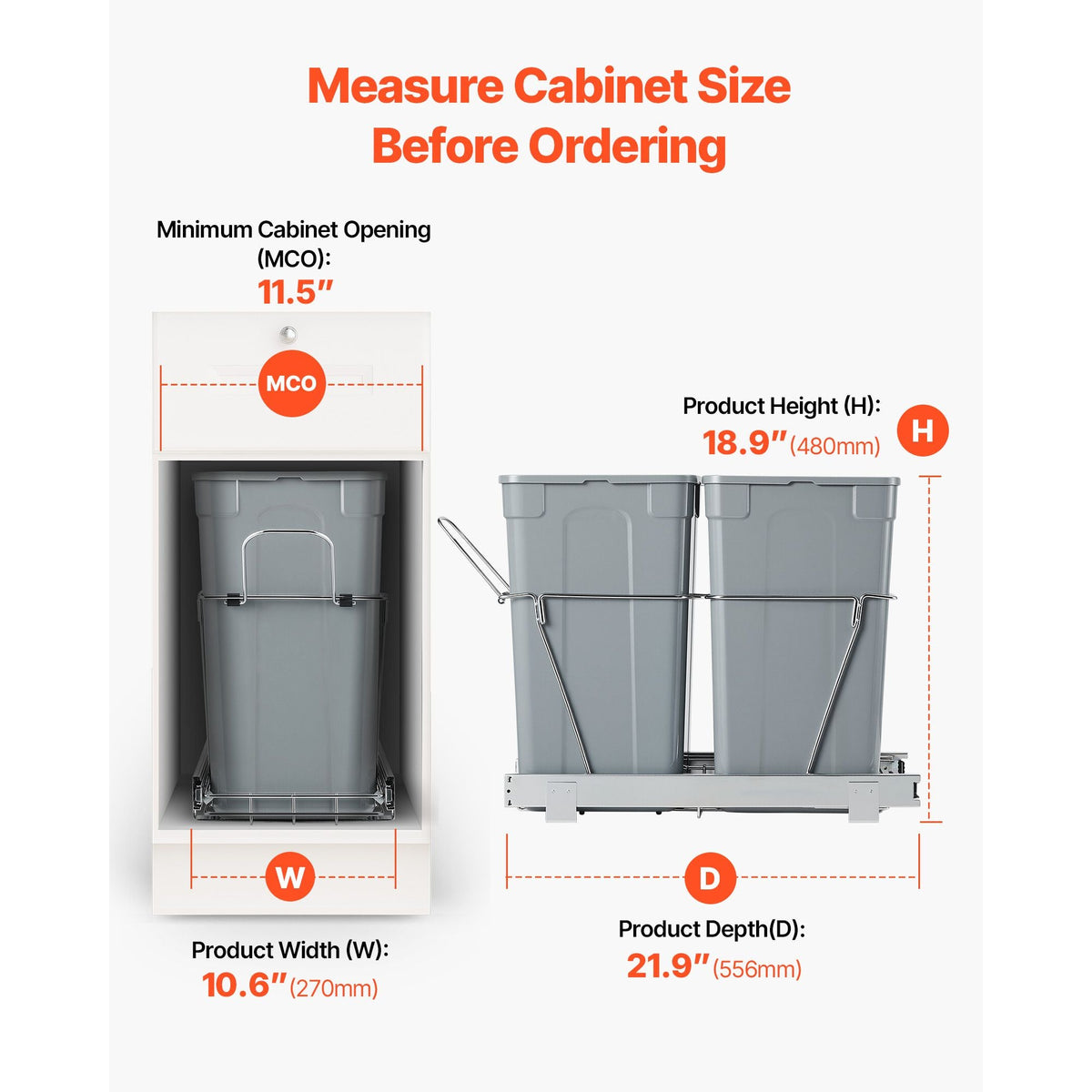 Pullout Trash Can for Kitchen Cabinets, 27QTx2 Double Under Sink Garbage Waste Recycling Bin, Under Mount Waste Container, with Heavy Duty Metal Full Extension Sliding System and Handle