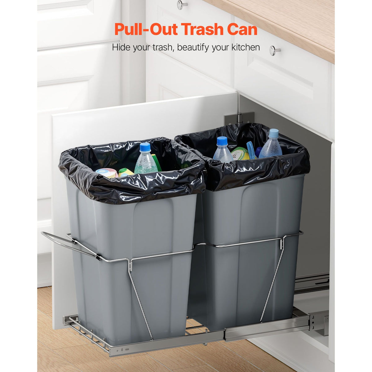 Pullout Trash Can for Kitchen Cabinets, 27QTx2 Double Under Sink Garbage Waste Recycling Bin, Under Mount Waste Container, with Heavy Duty Metal Full Extension Sliding System and Handle