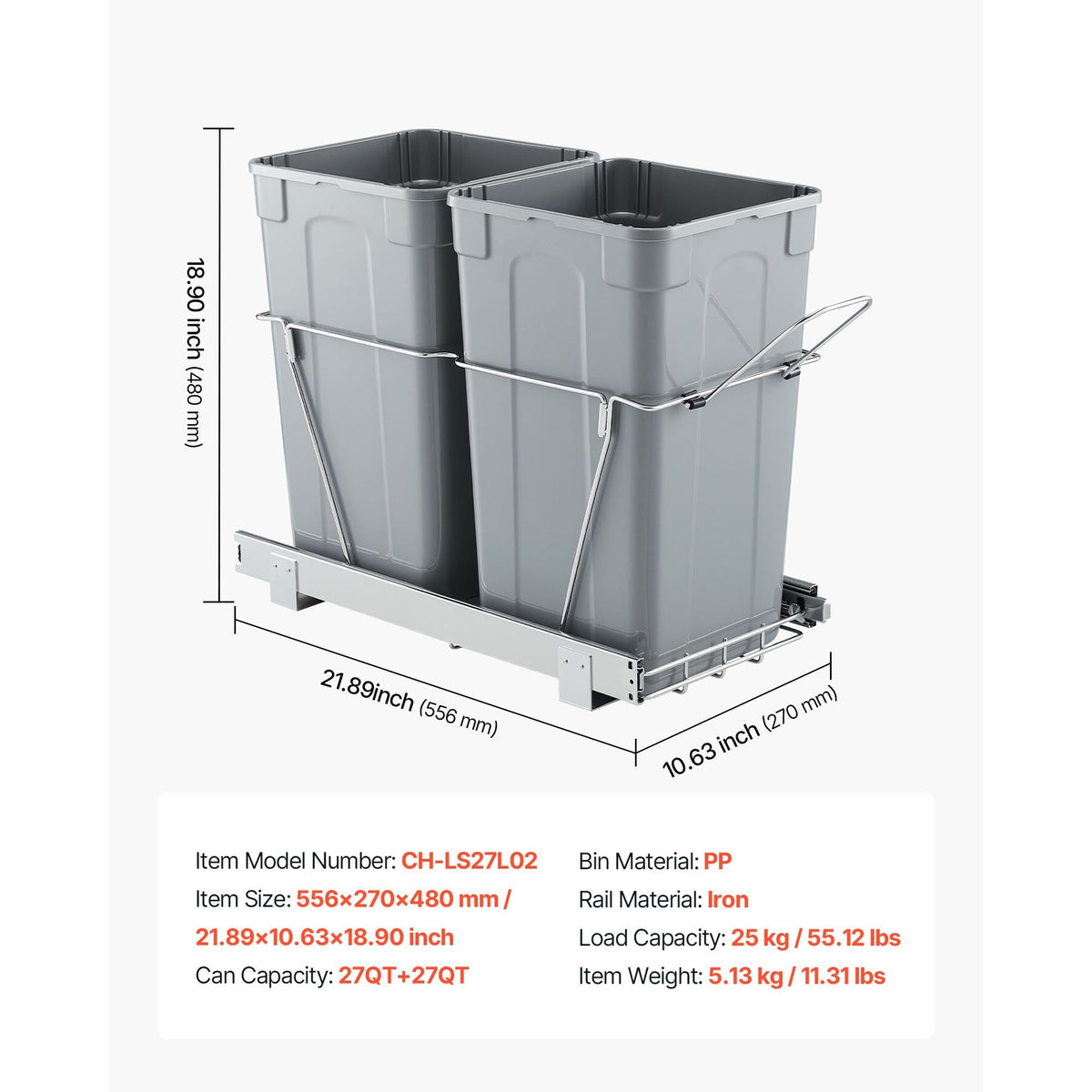 Pullout Trash Can for Kitchen Cabinets, 27QTx2 Double Under Sink Garbage Waste Recycling Bin, Under Mount Waste Container, with Heavy Duty Metal Full Extension Sliding System and Handle